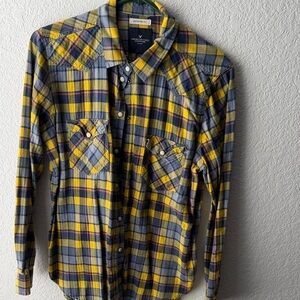 American Eagle Outfitters Women's Yellow and Gray Plaid Button Down Shirt